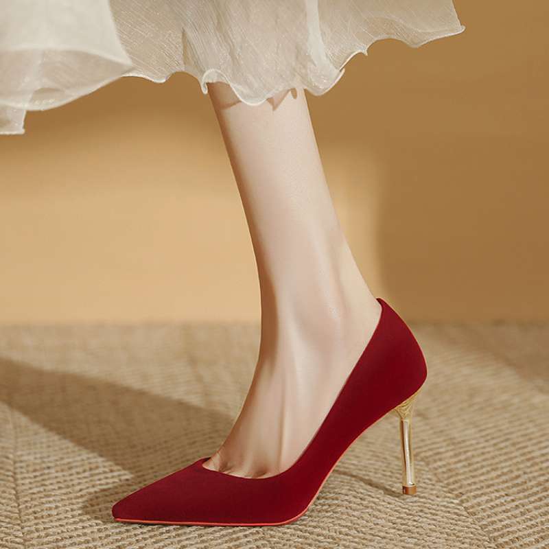 Light Luxury Red High-Heeled Shoes for Women, Not Tiring for Feet, High-End Xiuhe Suit Bridal Shoes, Chinese Suede