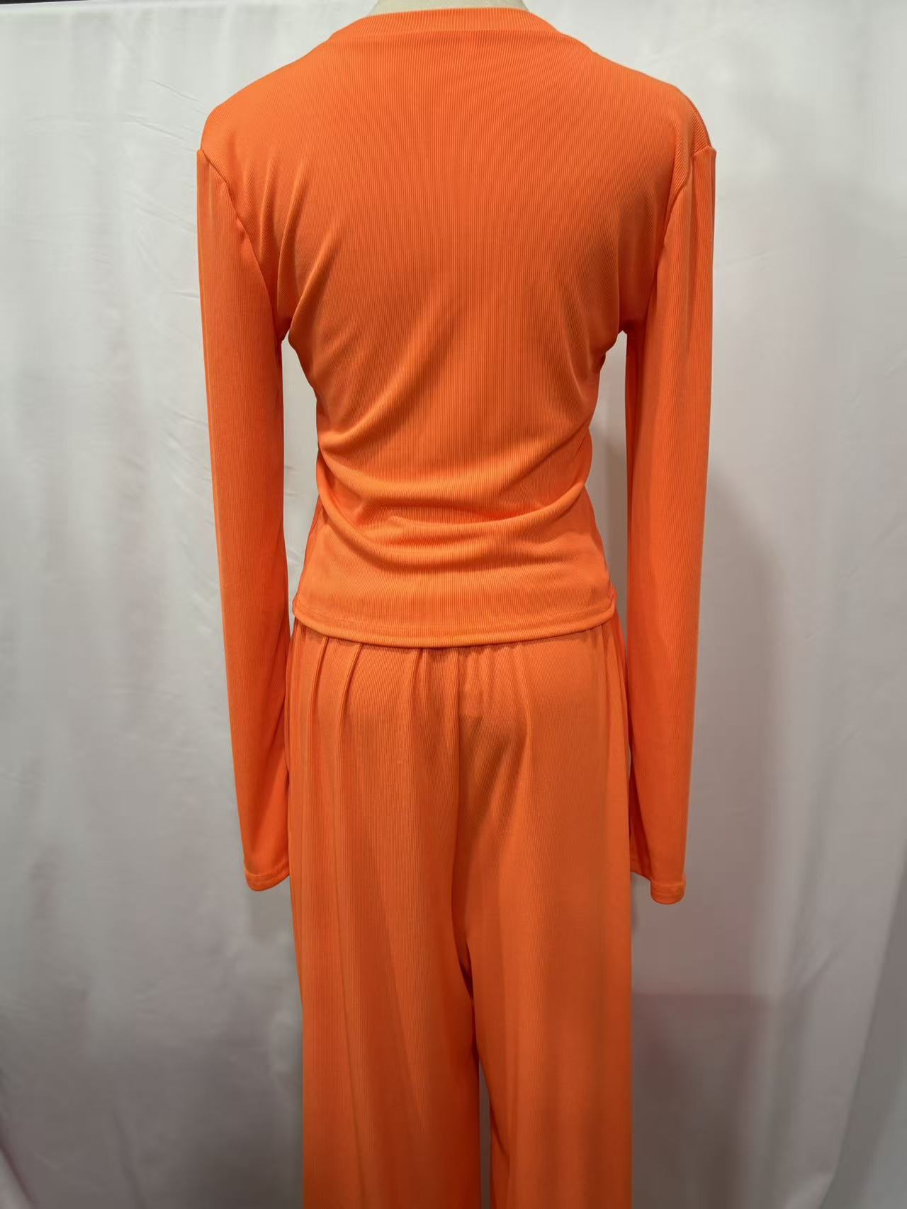 European American Cross-border Solid Color Ribbed Two-piece Set: Slim-fit Short Long-sleeve Top And Drawstring_ecoleips.com
