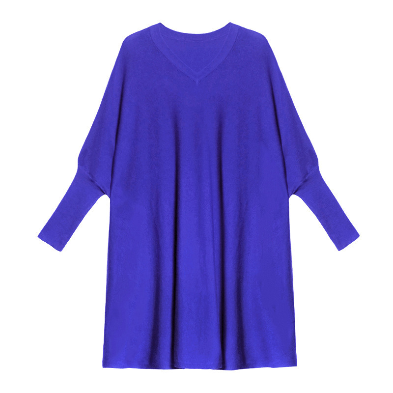 Europeo con cuello en V suéter de punto vestido para las mujeres primavera y otoño nueva suelta adelgazamiento Batwing manga color sólido bottoming superior venta al por mayor