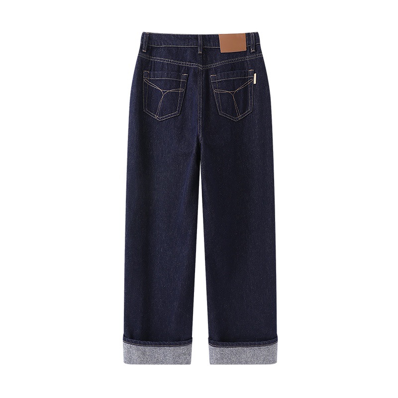 2024 년 겨울 새 여자 캐주얼 올 매치 작은 반응성 염료 플립 스트레이트 청바지 1HAE4354