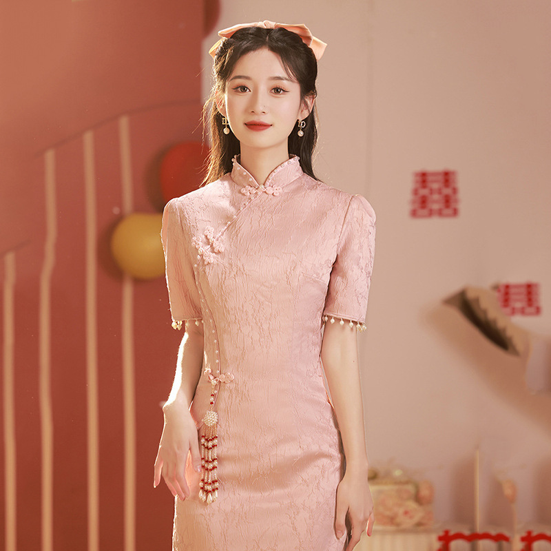 New Chinese-Style Toast Dress for Brides, Pink Engagement Cheongsam, Homecoming Dress, 2024 Summer Girl's Cheongsam, Improved Design