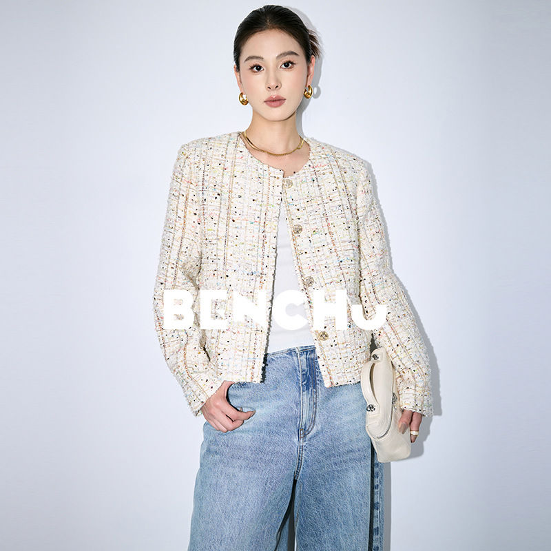 Autumn woven woolen elegant jacket with a round collar