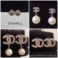 新款小香风系列轻奢时尚双C耳钉香奶奶韩版满钻耳坠925银针耳钉