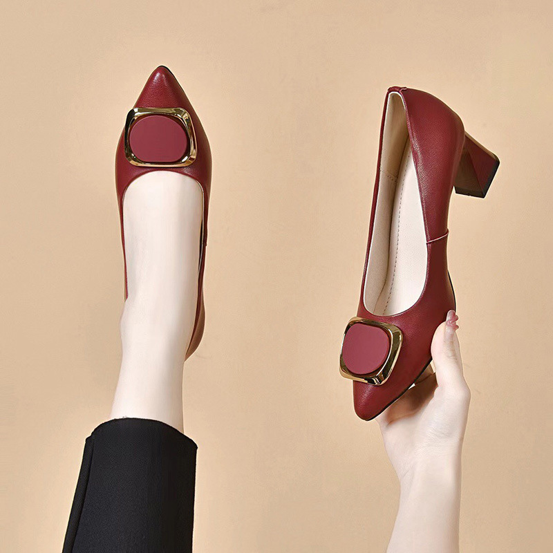 High-Heeled Shoes for Women 2026 New Style Genuine Leather Shallow-Mouthed Single Shoes Summer Pointed Toe Thick Heel Red Medium Heel Work Leather Shoes Spring and Autumn