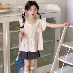 Korean Kids' Clothing 2024 Summer Collection: Girls' Cherry-Print Flutter-Sleeve Doll Shirt with Ruffled Trim – Available in Medium to Large Sizes