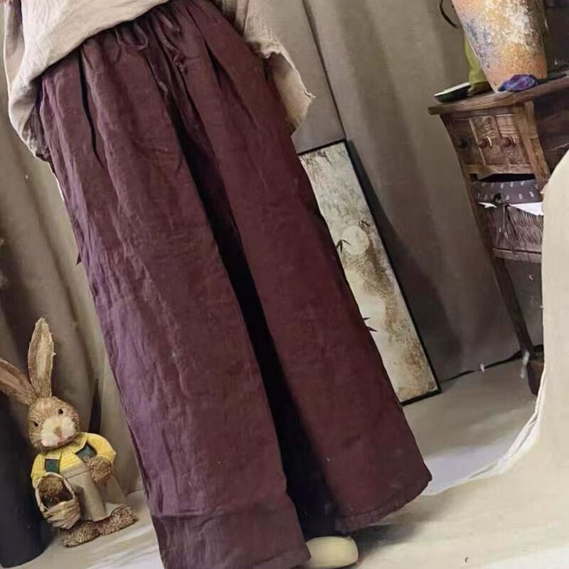 2025秋季 韩版宽松文艺简约砂洗亚麻双层阔腿裤百搭休闲裤女2591C|undefined