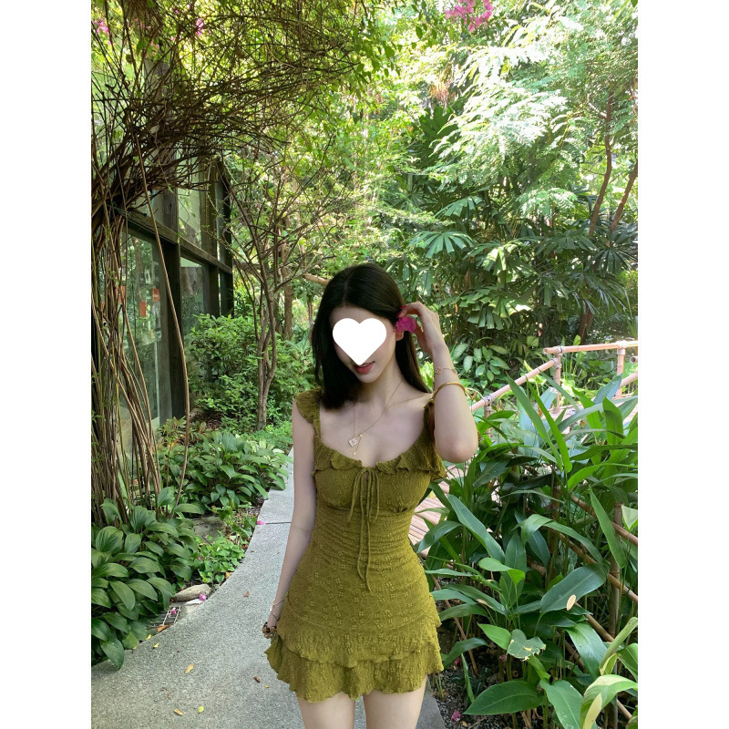 Ruoxin Fart Shop Matcha Forest Ruffled Strap Safety Pants Dress for Women Spring/Summer A-Line Dress Ruoxin Fart Shop Matcha Forest Ruffled Strap Safety Pants Dress for Women Spring/Summer A-Line Dress