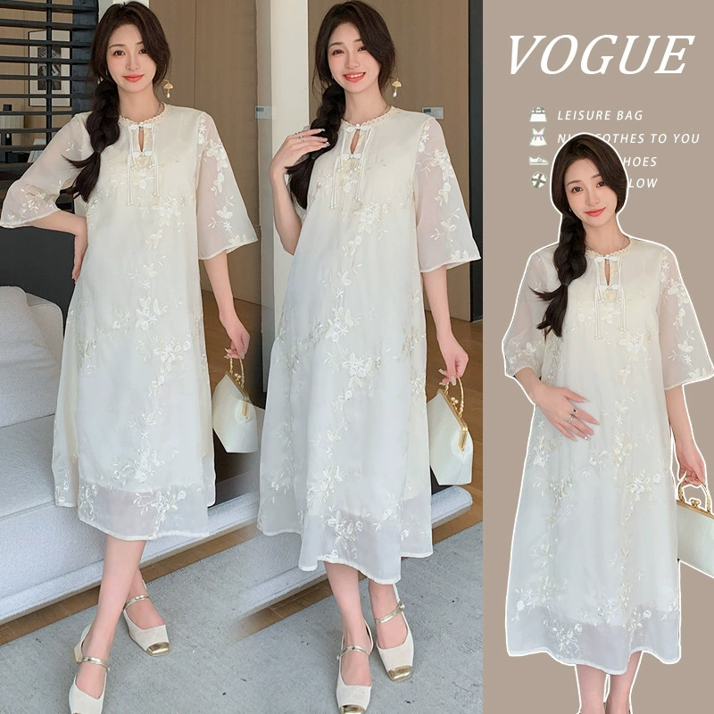 Summer clothing for pregnant, summer light and thin breathable long skirt, dress, Chinese style, with embroidery, loose fit