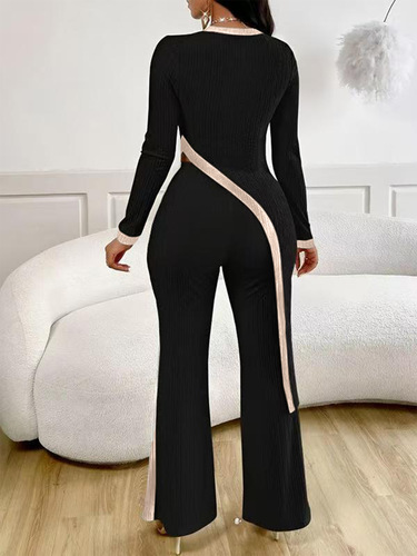 European and American Cross-border 2025 Spring New Women's Fashion Color-blocking Long-sleeve Side Slit T-shirt + Splicing Long Pants Set