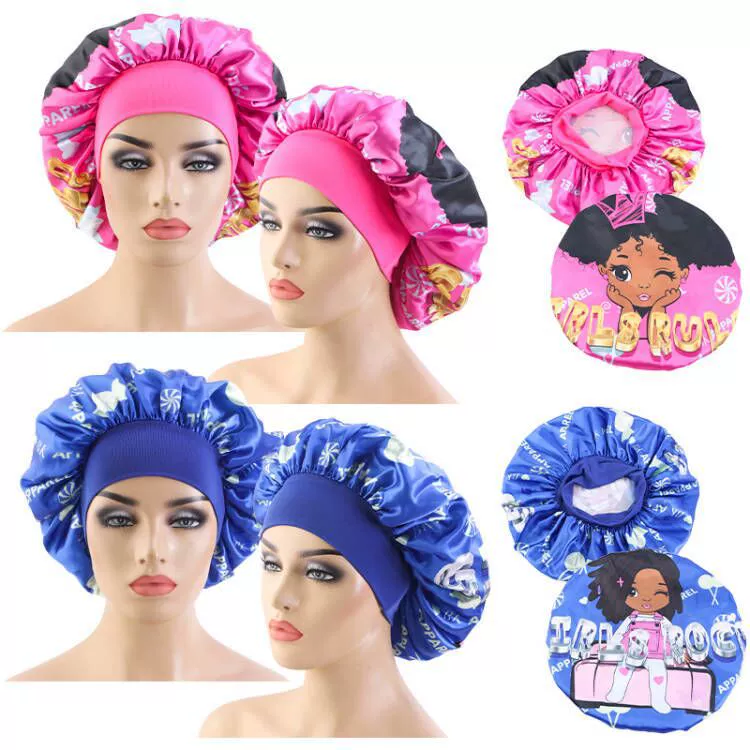 Изготовленная на заказ атласная шапочка для душа с логотипом, большая широкополая атласная колпачок для салона красоты TJM-301-2