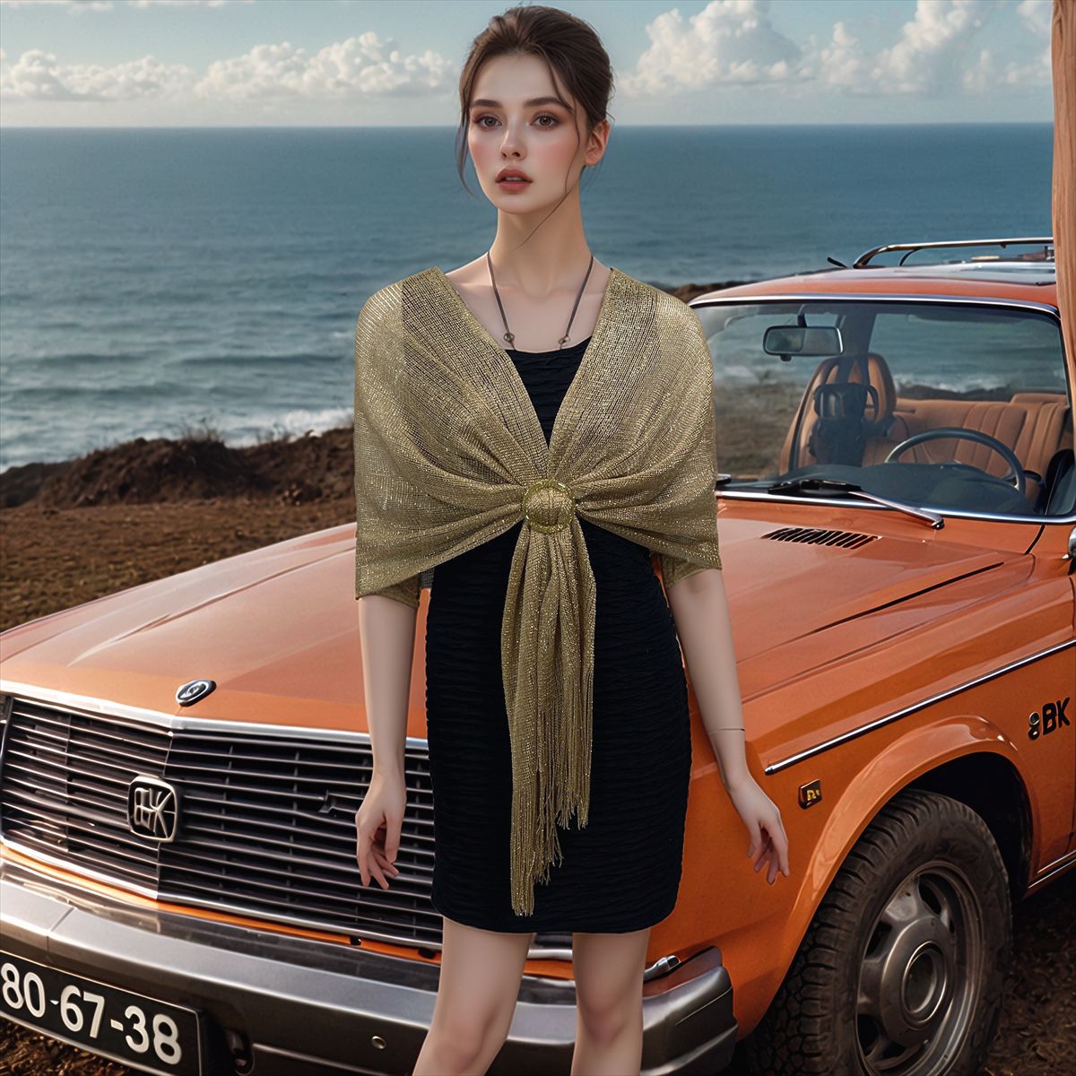 跨境新款女士带扣流苏长巾 时尚简约金银丝遮阳披肩通勤百搭围巾