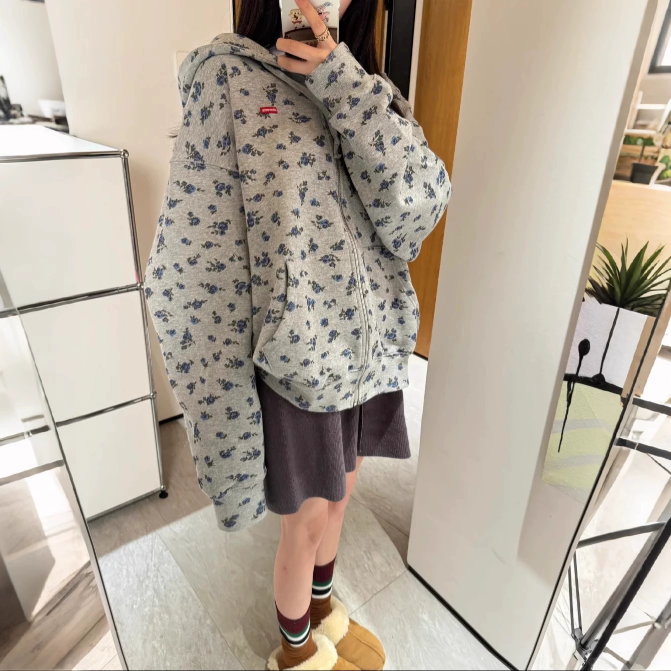 Осенний и зимний американский ретро маленький цветочный кардиган с капюшоном на молнии свитер свободный повседневный мужской и женский тяжелый пиджак цветочный серый