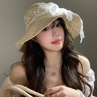 Bow Lace Hat for Women Summer 2025 New Style French Large Brim Sun Protection Seaside Vacation Sun Hat