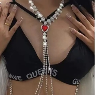 European and American Popular Sexy Tassel Nipple Chain Red Love Necklace Bra Sexy Body Chain Rhinestone Accessories Wholesale