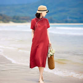 2025夏季高端苎麻连衣裙中式绣花过膝宽松旗袍裙妈妈显瘦喜宴旅游