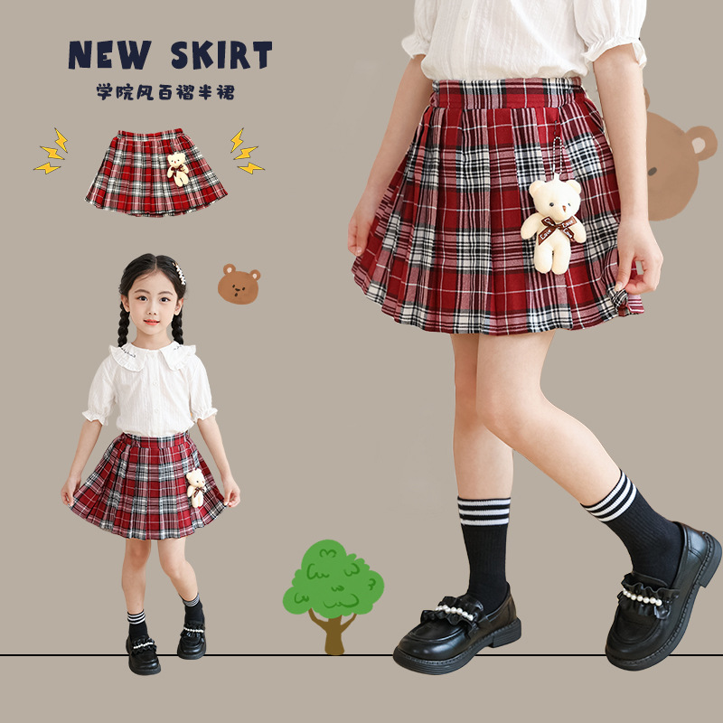 Boys' Pencil Skirt Pleated Skirt Spring and Autumn 2024 Summer New Children Stylish Checkered Short Skirt Baby Skirt