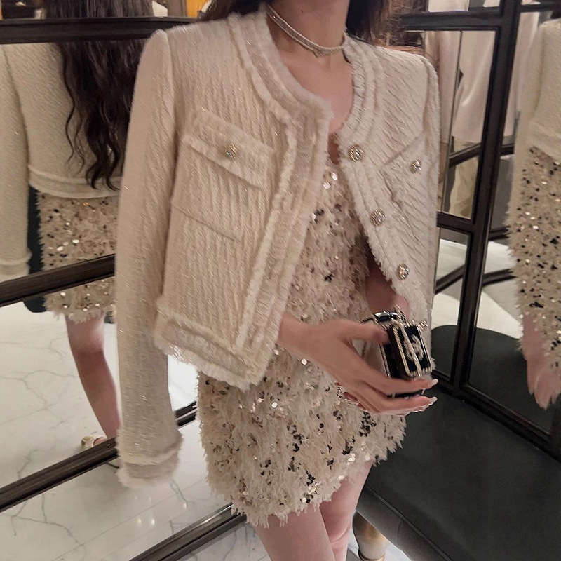 Celebrity Tassel Bright Silk Woven Woolen Short Outwear for Women 2025 Autumn Tweed Suit Cardigan 1540 Celebrity Tassel Bright Silk Woven Woolen Short Outwear for Women 2025 Autumn Tweed Suit Cardigan 1540