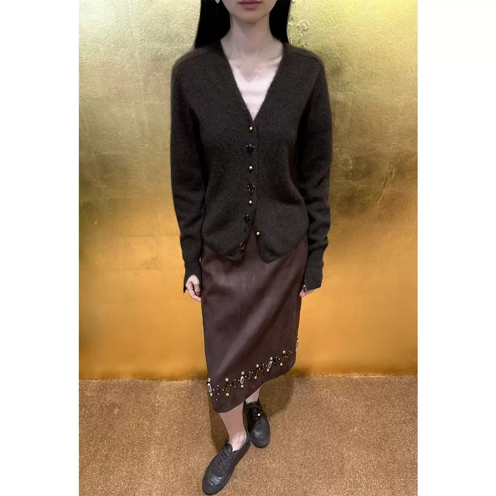 四媛设计感纯手工钉珠宝石装饰麂皮绒半身裙秋冬法式复古半裙1013