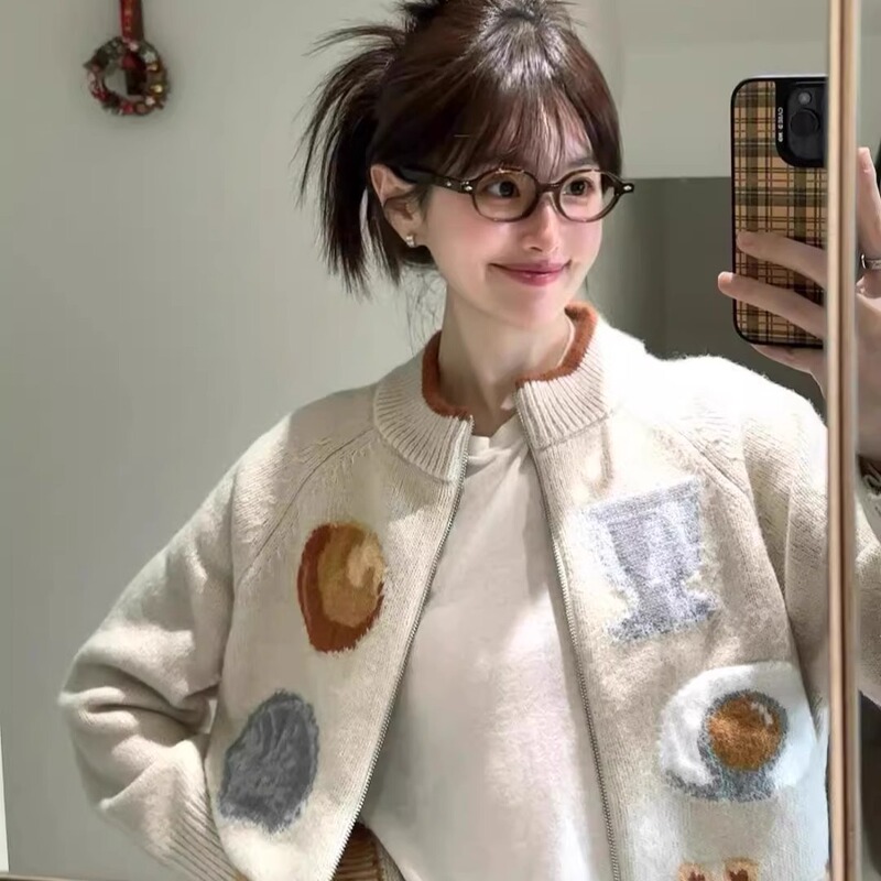 College Style Knitted Cardigan Women's Spring and Autumn New Sweater Coat Korean Style Zipper Jacquard Loose Casual Style Top