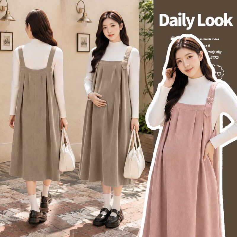 Maternity Dress 2026 Spring and Autumn New Corduroy Suspender Dress Loose Plus Size Slimming Mid-Length Strap Dress Maternity Dress 2026 Spring and Autumn New Corduroy Suspender Dress Loose Plus Size Slimming Mid-Length Strap Dress