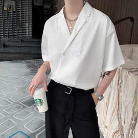 夏季西装领短袖衬衫男休闲宽松薄款衬衣韩版潮流纯色高级垂感上衣