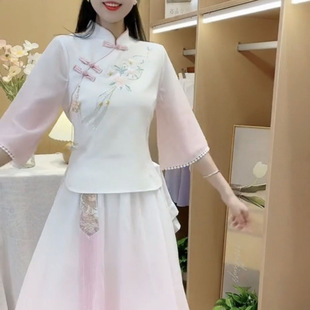 2025 Summer New Improved Version of Hanfu Cheongsam Fashionable Gradient Embroidery Ancient Style Suit Two-Piece Set for Women Trendy