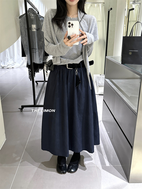 十三行高腰显瘦赫本风中长款伞裙女2025秋季百搭A字半身裙配腰带|undefined