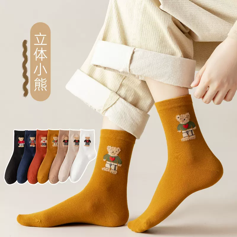 袜子女中筒袜春夏季长筒棉袜日系可爱堆堆袜ins潮卡通网红小熊袜