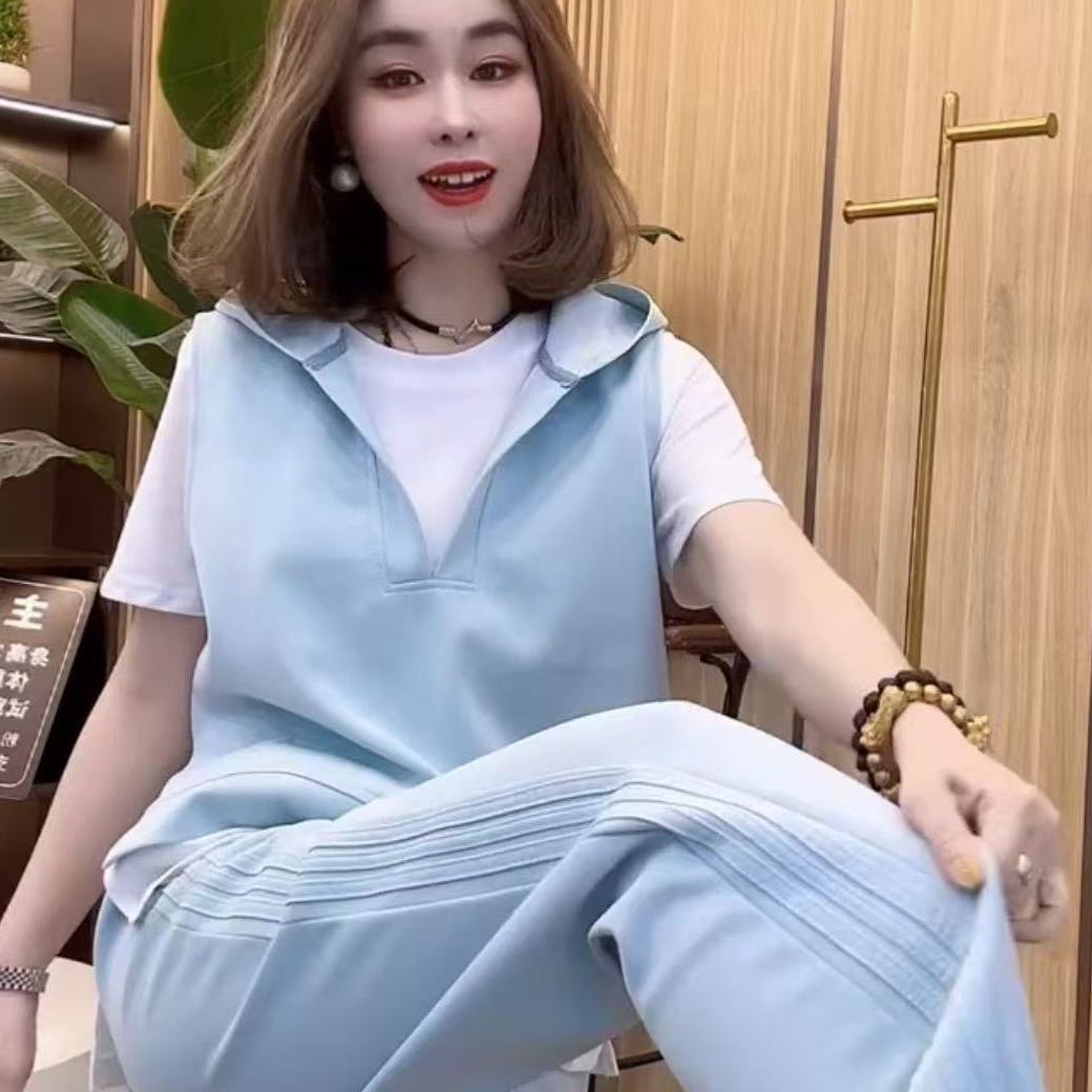 Casual Sports Suit for Women 2025 Spring and Summer Fashionable Hooded Vest + Short Sleeves + Three-Stripe Leggings Three-Piece Set