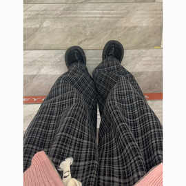 春秋美式复古直筒格子裤小个子高腰显瘦拖地裤工装休闲裤