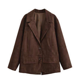 SAW速卖通独立站欧美女装时尚棕色经典西装领外套 4341710