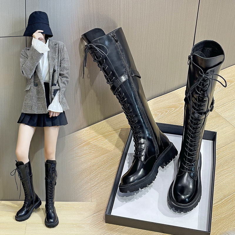 中长筒靴子女不过膝厚底骑士靴秋冬季加绒高筒靴春秋马丁保暖增高