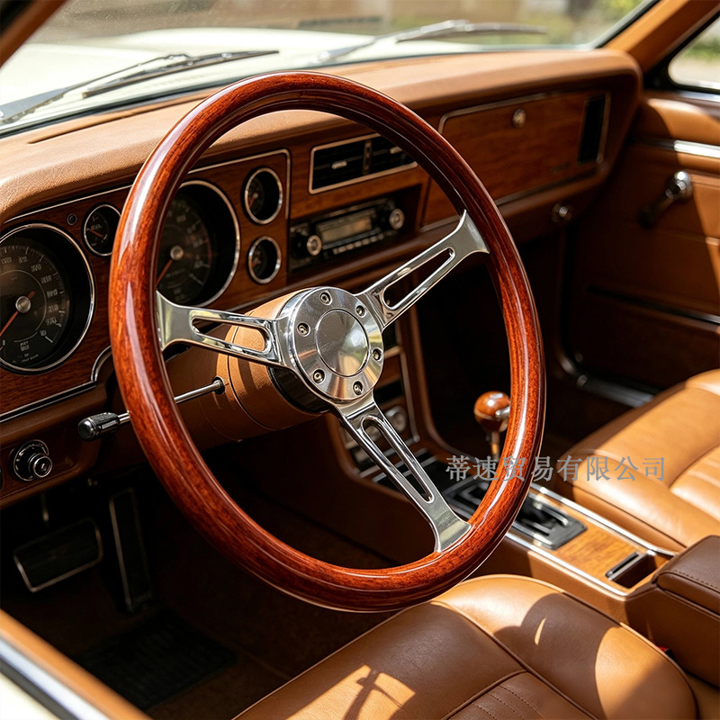 Best-selling modified car steering wheel, classic retro 15inch peach wood color steering wheel, 380MM electroplated bracket with concave center