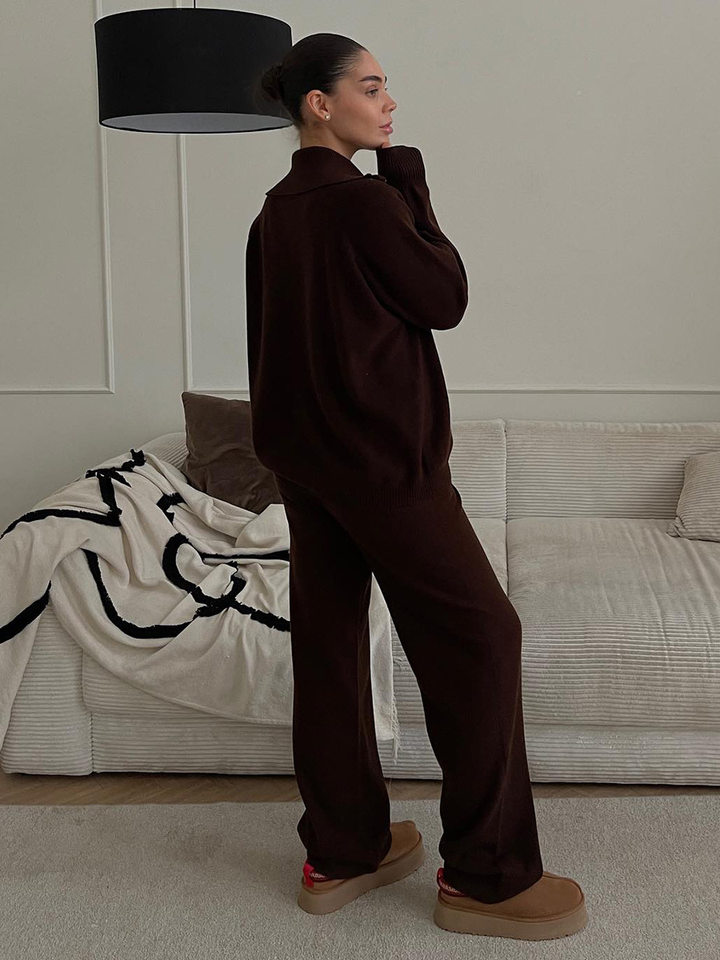 Bộ áo cardigan dệt kim khóa kéo phối quần dài ống rộng nữ — màu bột yến mạch, màu nâu, màu xám, trắng chi tiết 50