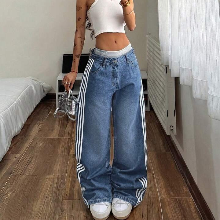 European and American Cross-Border Side-Striped Washed Denim Jeans for Women, Summer High-Waisted Straight Loose Floor-Length Pants with a Vintage Style European and American Cross-Border Side-Striped Washed Denim Jeans for Women, Summer High-Waisted Straight Loose Floor-Length Pants with a Vintage Style
