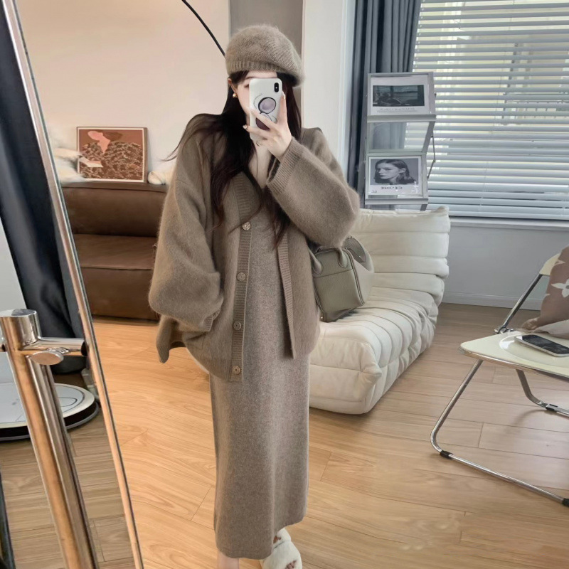 임산부 가을 겨울 부드러운 밀크 레이지 스타일 니트 카디건 재킷 투피스 기질 슬림 서스펜더 드레스