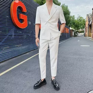 2026夏装新款意式高定平驳领半袖男西装夏季轻奢商务西装两件套