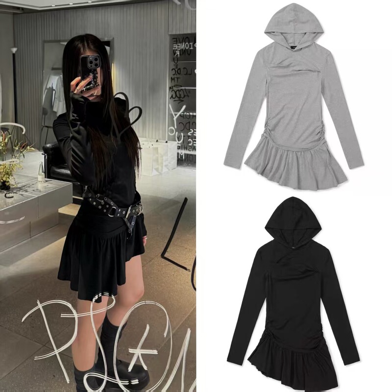 Korean Niche Pure Color Hooded Pleated Asymmetrical Hem Cut Long-Sleeved T-Shirt Dress Slim Fit