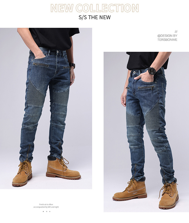 Jeans slim uomo patchwork elasticizzati pantaloni moto casual_voghion.com