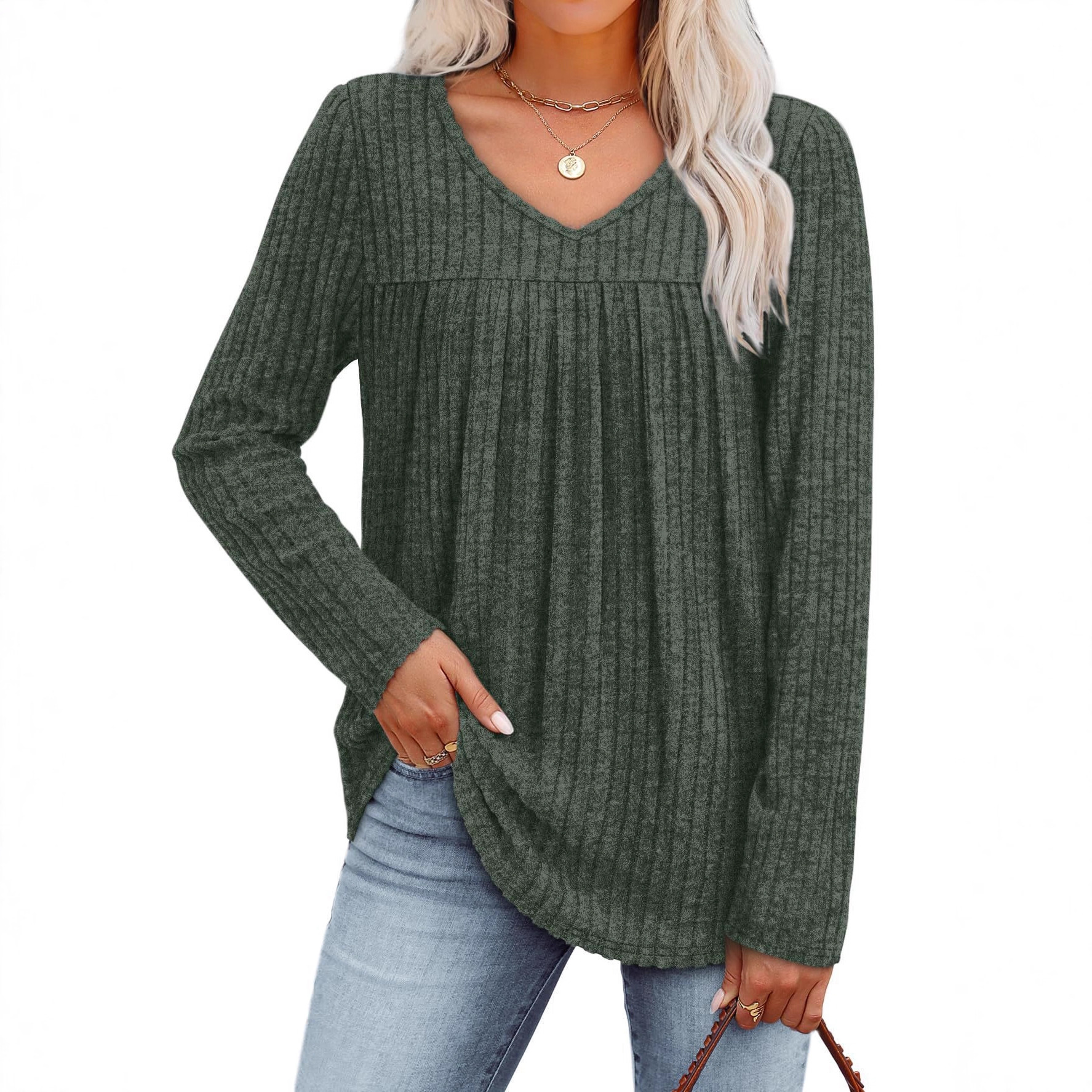 2025亚马逊秋冬新款纯色女装上衣V领皱褶长袖坑条磨毛T恤宽松卫衣