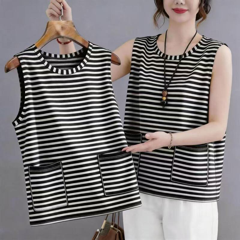 2026 Summer New Style Vest with Double Pockets, Stylish Casual Loose Striped Retro Vest for Women