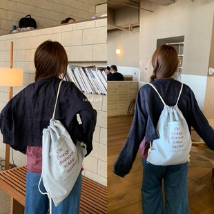 Ooahz Homemade Holiday Frosting ~ Korean Niche Denim Embroidered Drawstring Backpack, Lazy School Bag