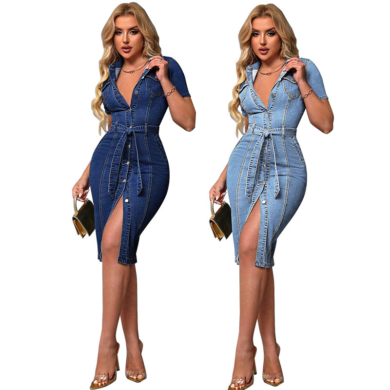 218672クロスボーダー婦人服新型デニム折り襟半袖ウエストフィットワンピース源工場直売|undefined