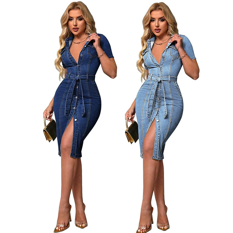 218672 трансграничная женская одежда новый джинсовый отворот с короткими рукавами, облегающее талию платье источник фабрики прямых продаж