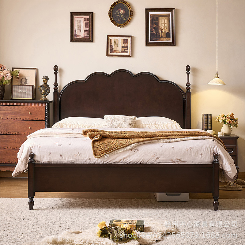 French-Style Solid Wood Bed 1.8m Master Bedroom Double Bed 1.5m Mid-Century Simple New American Retro Marseille Bed