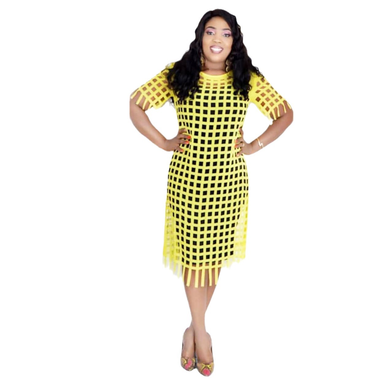 Special clearance supply African fashion women's chiffon loose checkered hollow long T-shirt skirt + stretch vest two pieces