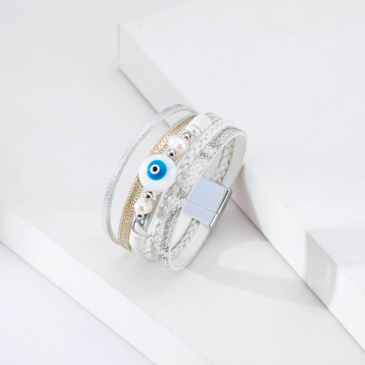 Bohemian multi-layer woven devilu0027s eye pearl leather bracelet