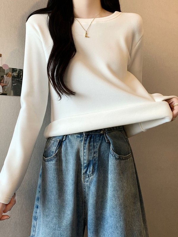 双面德绒圆领打底衫女内搭2025春秋新款修身高弹显瘦保暖长袖秋衣|undefined