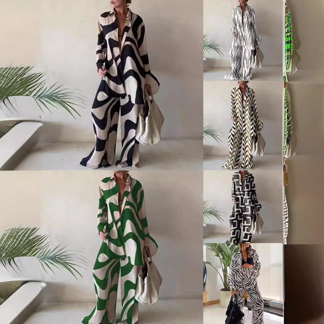 Cross-border Europe and the United States New suit Printed Loose Long Sleeve Plus Straight Tube Pants suit Casual Women's Clothing Set