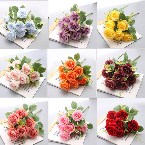 Simulated European autumn color 10-head rose bouquet wedding shopping mall home vase flower arrangement fake silk cloth flower decoration